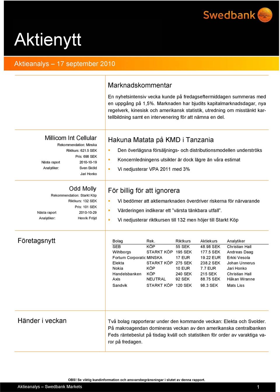 Millicom Int Cellular Rekommendation: Minska Riktkurs: 621.