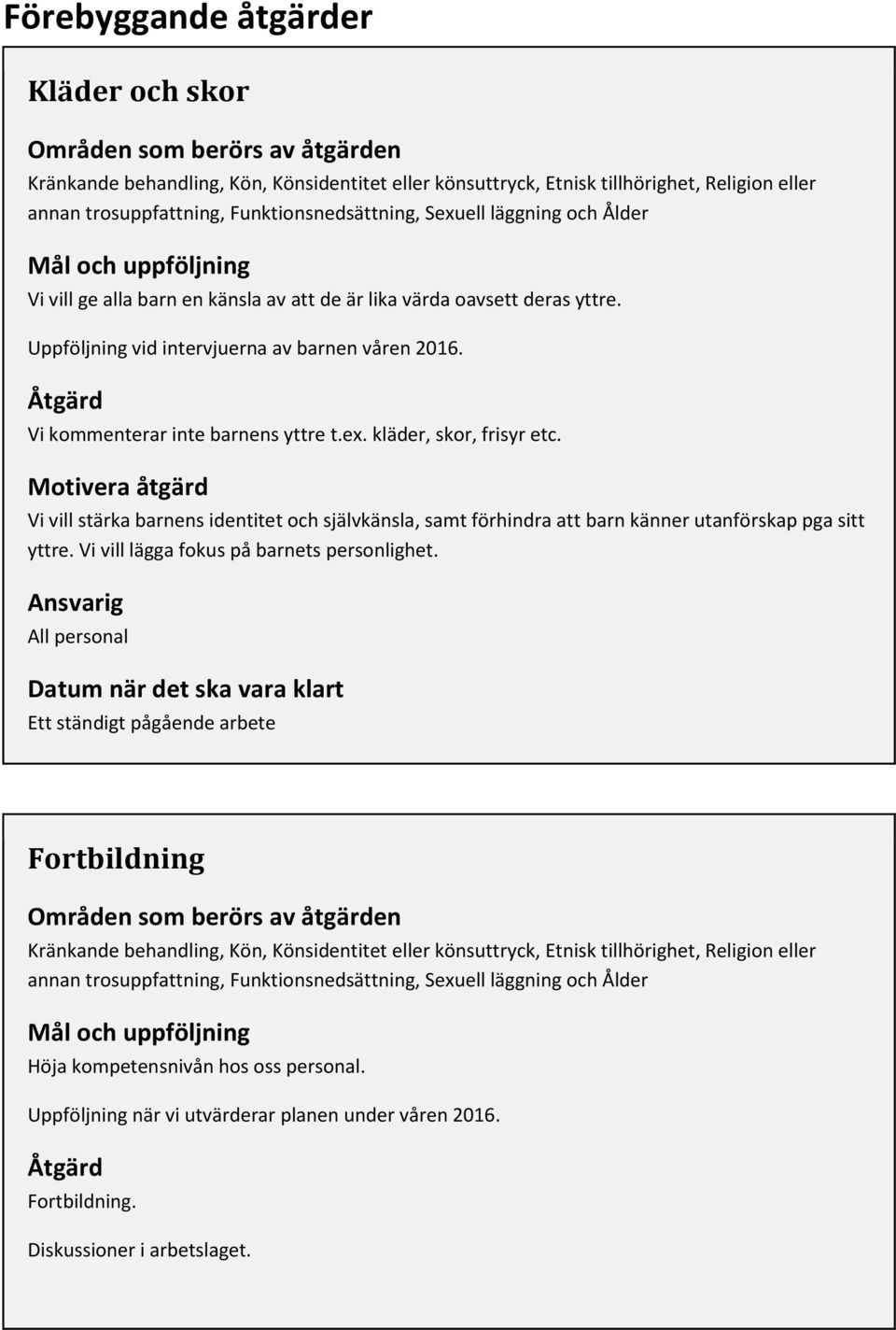 Åtgärd Vi kommenterar inte barnens yttre t.ex. kläder, skor, frisyr etc. Motivera åtgärd Vi vill stärka barnens identitet och självkänsla, samt förhindra att barn känner utanförskap pga sitt yttre.