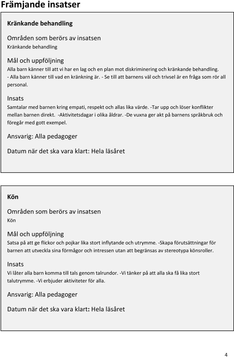 -Tar upp och löser konflikter mellan barnen direkt. -Aktivitetsdagar i olika åldrar. -De vuxna ger akt på barnens språkbruk och föregår med gott exempel.