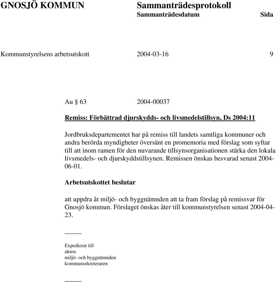 tillsynsorganisationen stärka den lokala livsmedels- och djurskyddstillsynen. Remissen önskas besvarad senast 2004-06-01.