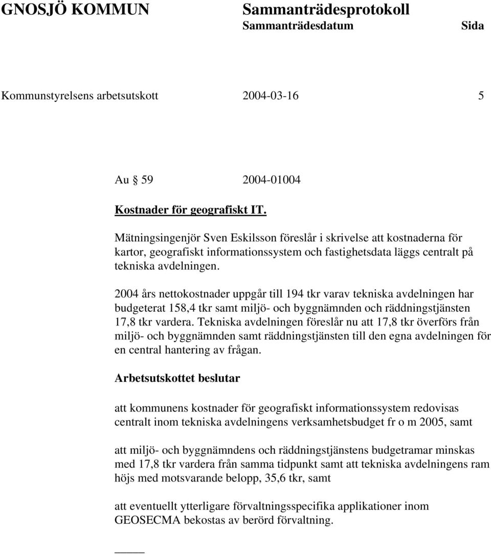 2004 års nettokostnader uppgår till 194 tkr varav tekniska avdelningen har budgeterat 158,4 tkr samt miljö- och byggnämnden och räddningstjänsten 17,8 tkr vardera.