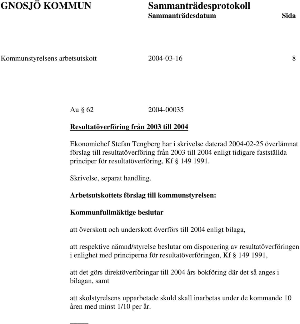 Arbetsutskottets förslag till kommunstyrelsen: Kommunfullmäktige beslutar att överskott och underskott överförs till 2004 enligt bilaga, att respektive nämnd/styrelse beslutar om disponering av