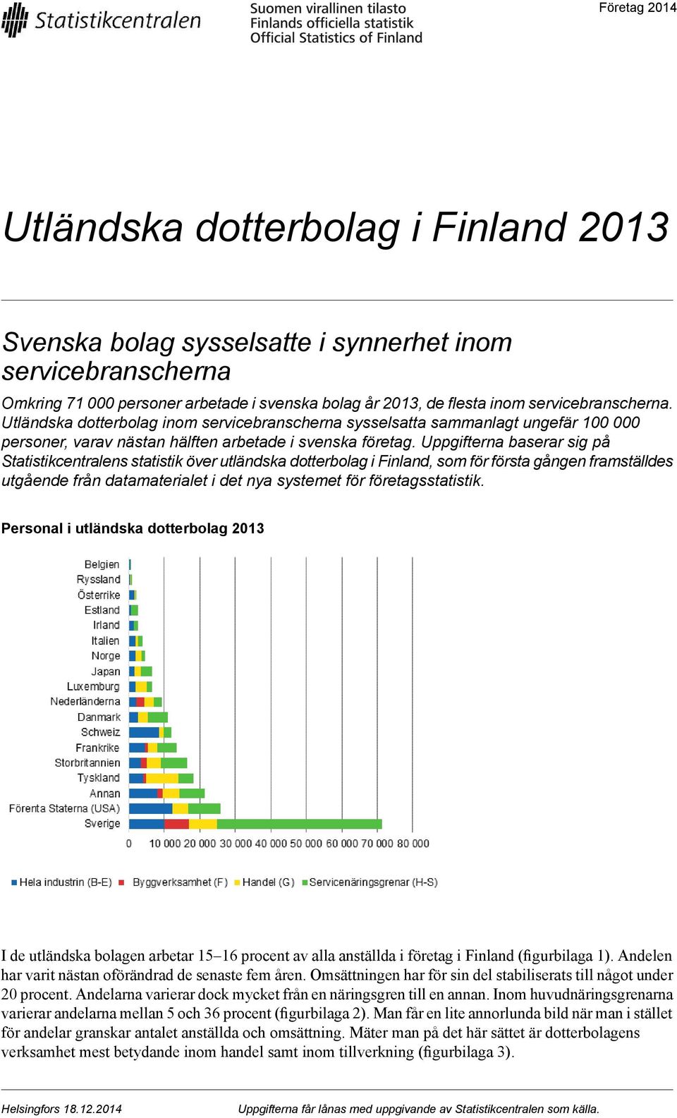 Uppgifterna baserar sig på Statistikcentralens statistik över utländska dotterbolag i Finland, som för första gången framställdes utgående från datamaterialet i det nya systemet för företagsstatistik.