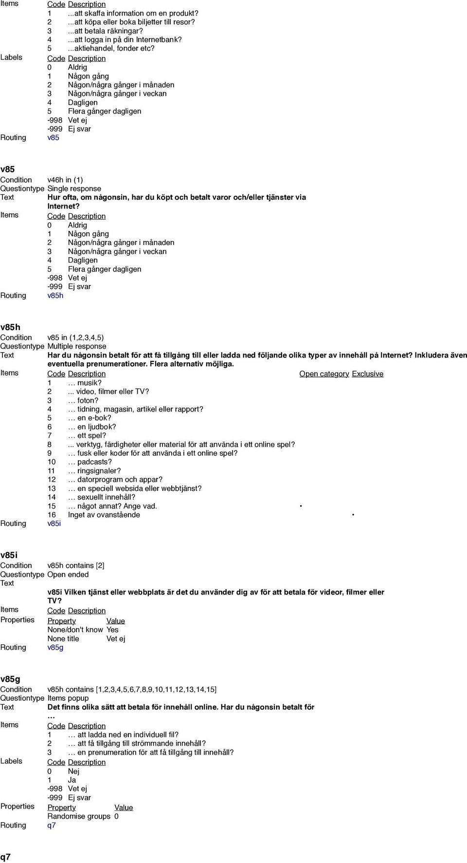 Routing v85 v85 Text Hur ofta, om någonsin, har du köpt och betalt varor och/eller tjänster via Routing v85h v85h Condition v85 in (1,2,3,4,5) Questiontype Multiple response Text Har du någonsin