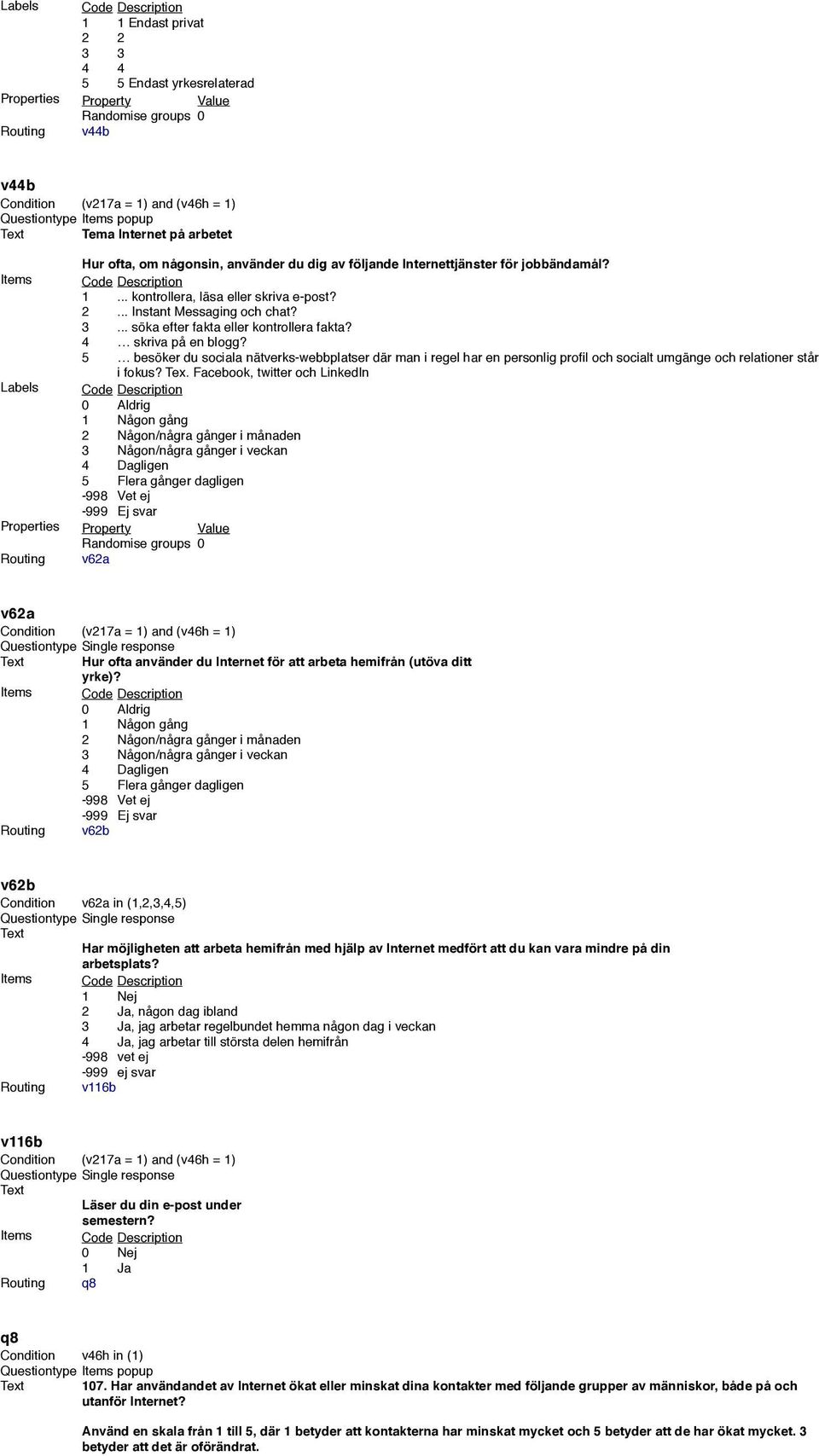 Condition 1 Facebook v78_2 in (1,2,3,4,5) 2 LinkedIn v78_9 in (1,2,3,4,5) 3 Twitter v78_3 in (1,2,3,4,5) 1 1 Endast privat 3 3 5 5 Endast yrkesrelaterad Routing v44b v44b Condition (v217a = 1) and