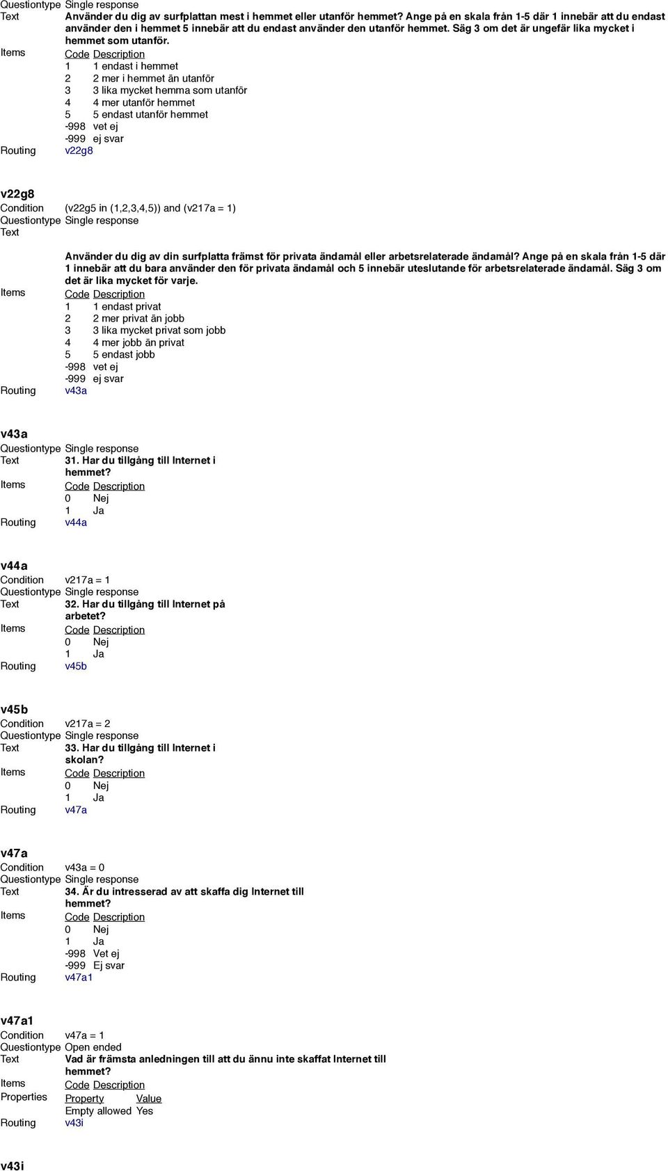 1 1 endast i hemmet mer i hemmet än utanför 3 3 lika mycket hemma som utanför mer utanför hemmet 5 5 endast utanför hemmet -998 vet ej -999 ej svar Routing v22g8 v22g8 Condition (v22g5 in