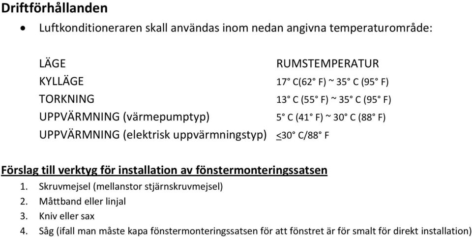 <30 C/88 F Förslag till verktyg för installation av fönstermonteringssatsen 1. Skruvmejsel (mellanstor stjärnskruvmejsel) 2.