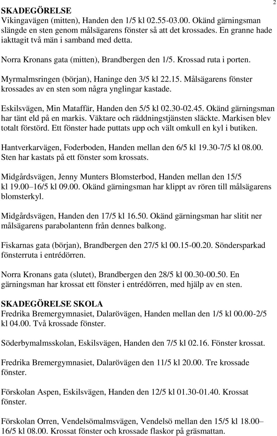 Målsägarens fönster krossades av en sten som några ynglingar kastade. Eskilsvägen, Min Mataffär, Handen den 5/5 kl 02.30-02.45. Okänd gärningsman har tänt eld på en markis.