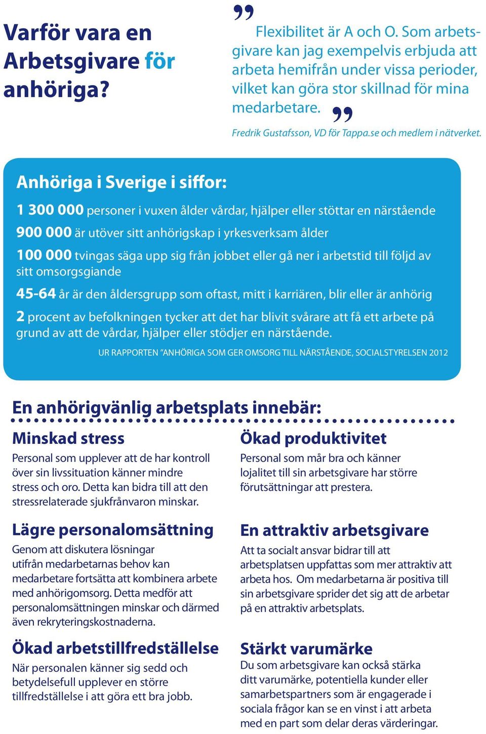 Anhöriga i Sverige i siffor: 1 300 000 personer i vuxen ålder vårdar, hjälper eller stöttar en närstående 900 000 är utöver sitt anhörigskap i yrkesverksam ålder 100 000 tvingas säga upp sig från