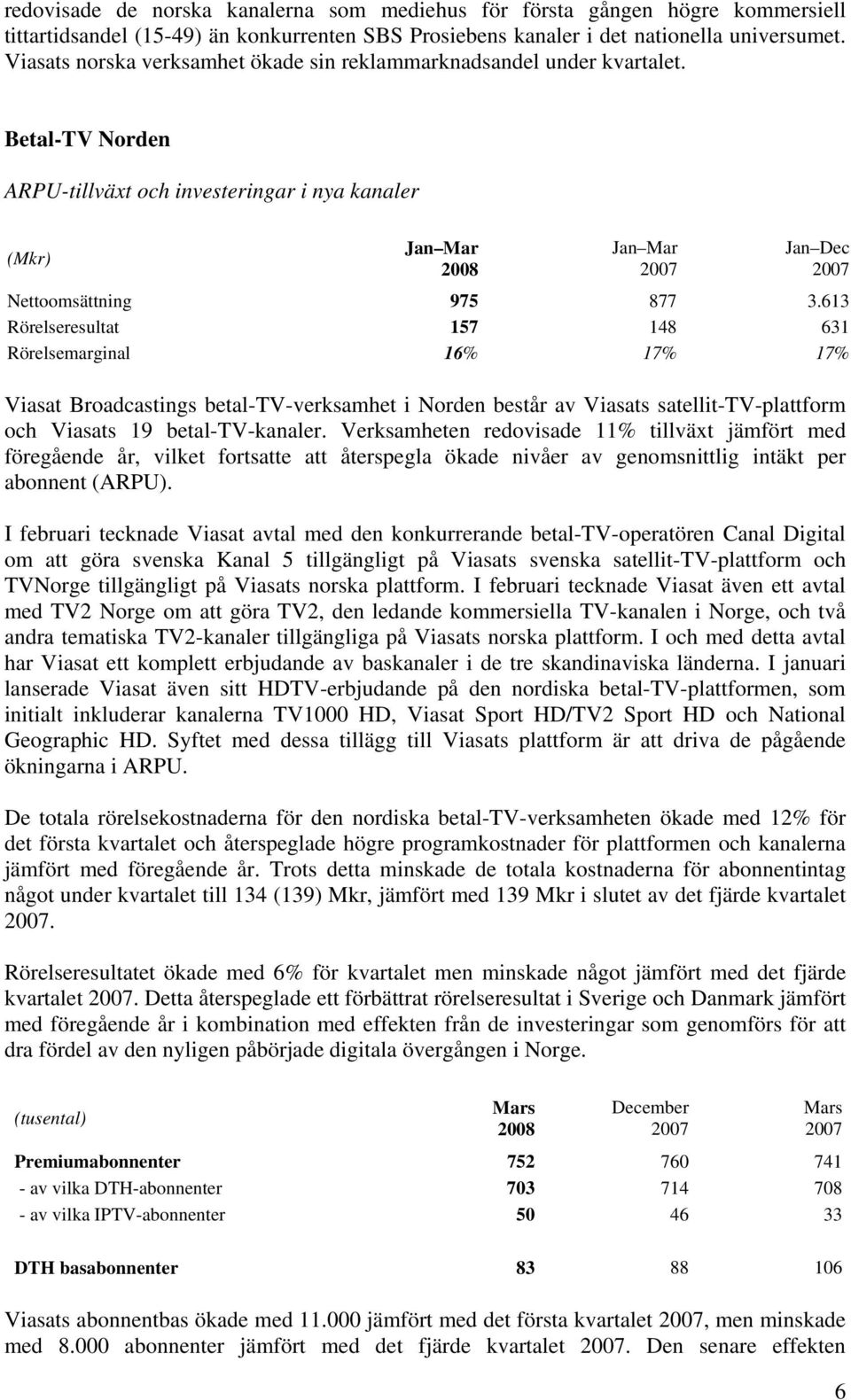 613 Rörelseresultat 157 148 631 Rörelsemarginal 16% 17% 17% Viasat Broadcastings betal-tv-verksamhet i Norden består av Viasats satellit-tv-plattform och Viasats 19 betal-tv-kanaler.