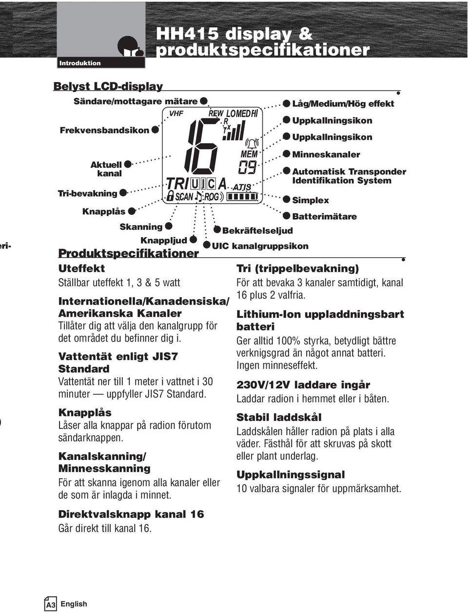 Vattentät enligt JIS7 Standard Vattentät ner till 1 meter i vattnet i 30 minuter uppfyller JIS7 Standard. Knapplås Låser alla knappar på radion förutom sändarknappen.