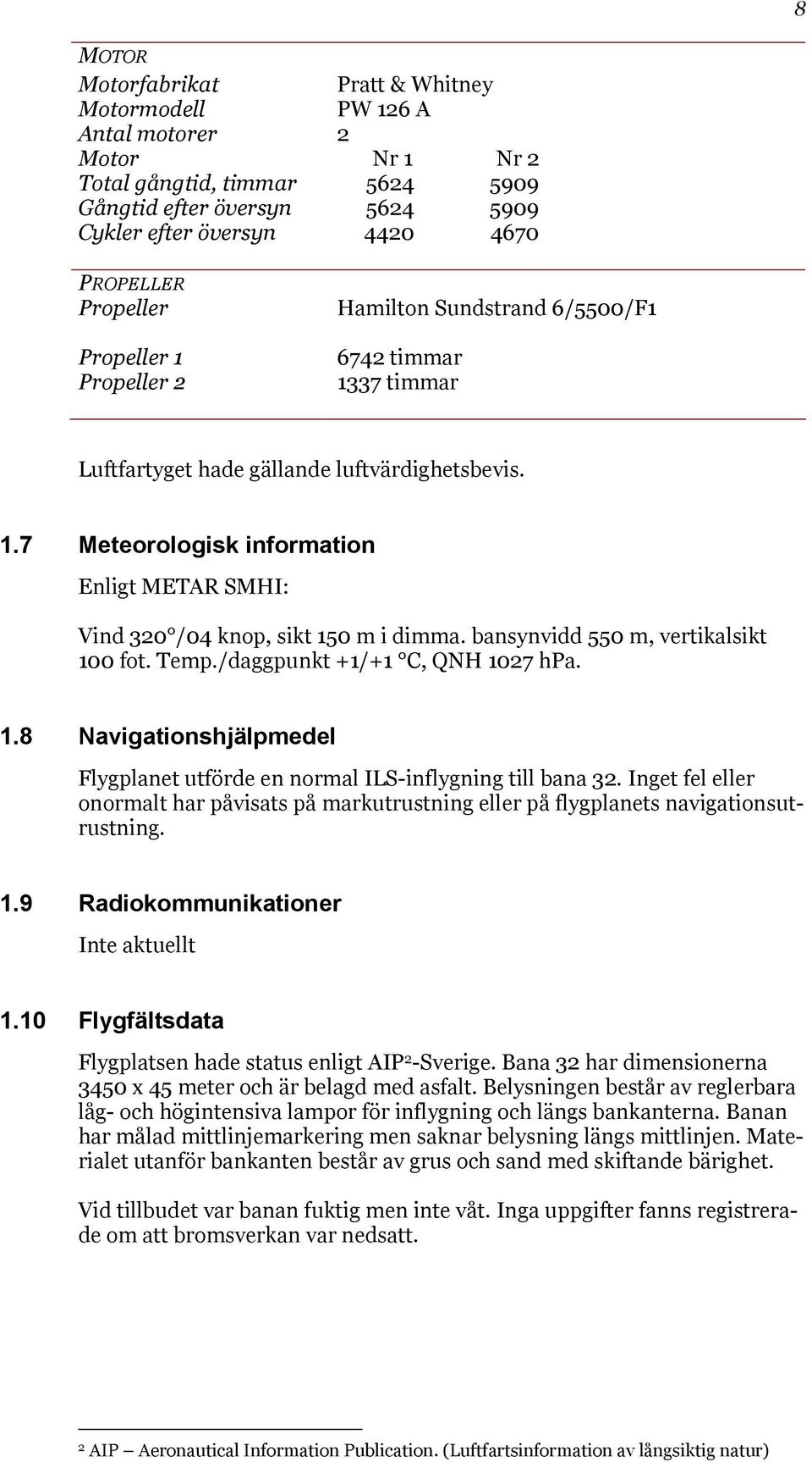bansynvidd 550 m, vertikalsikt 100 fot. Temp./daggpunkt +1/+1 C, QNH 1027 hpa. 1.8 Navigationshjälpmedel Flygplanet utförde en normal ILS-inflygning till bana 32.
