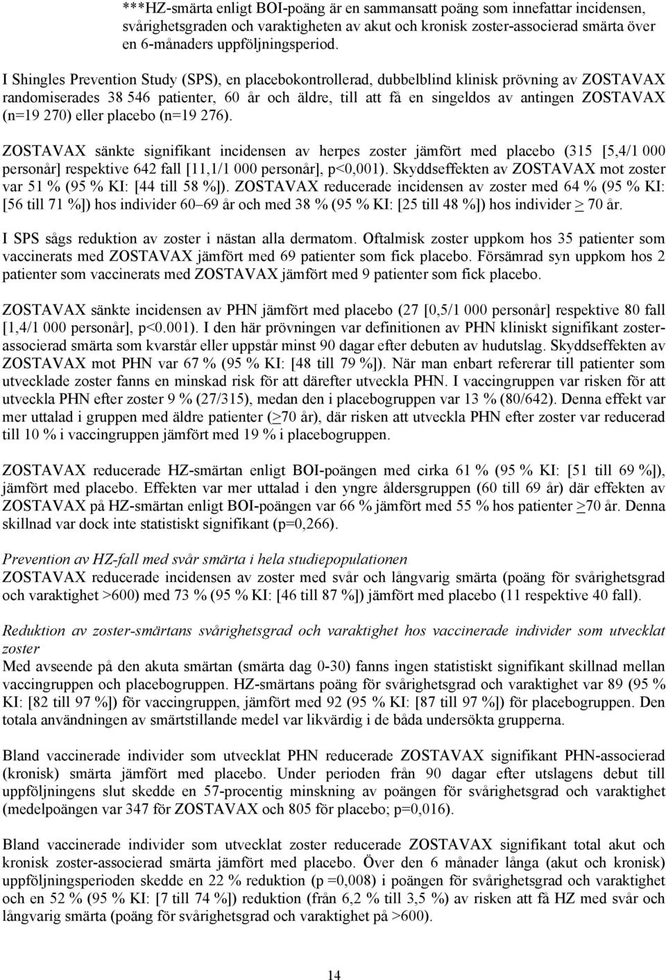 (n=19 270) eller placebo (n=19 276). ZOSTAVAX sänkte signifikant incidensen av herpes zoster jämfört med placebo (315 [5,4/1 000 personår] respektive 642 fall [11,1/1 000 personår], p<0,001).