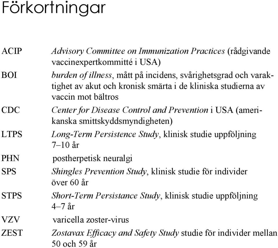 (amerikanska smittskyddsmyndigheten) Long-Term Persistence Study, klinisk studie uppföljning 7 10 år postherpetisk neuralgi Shingles Prevention Study, klinisk studie för