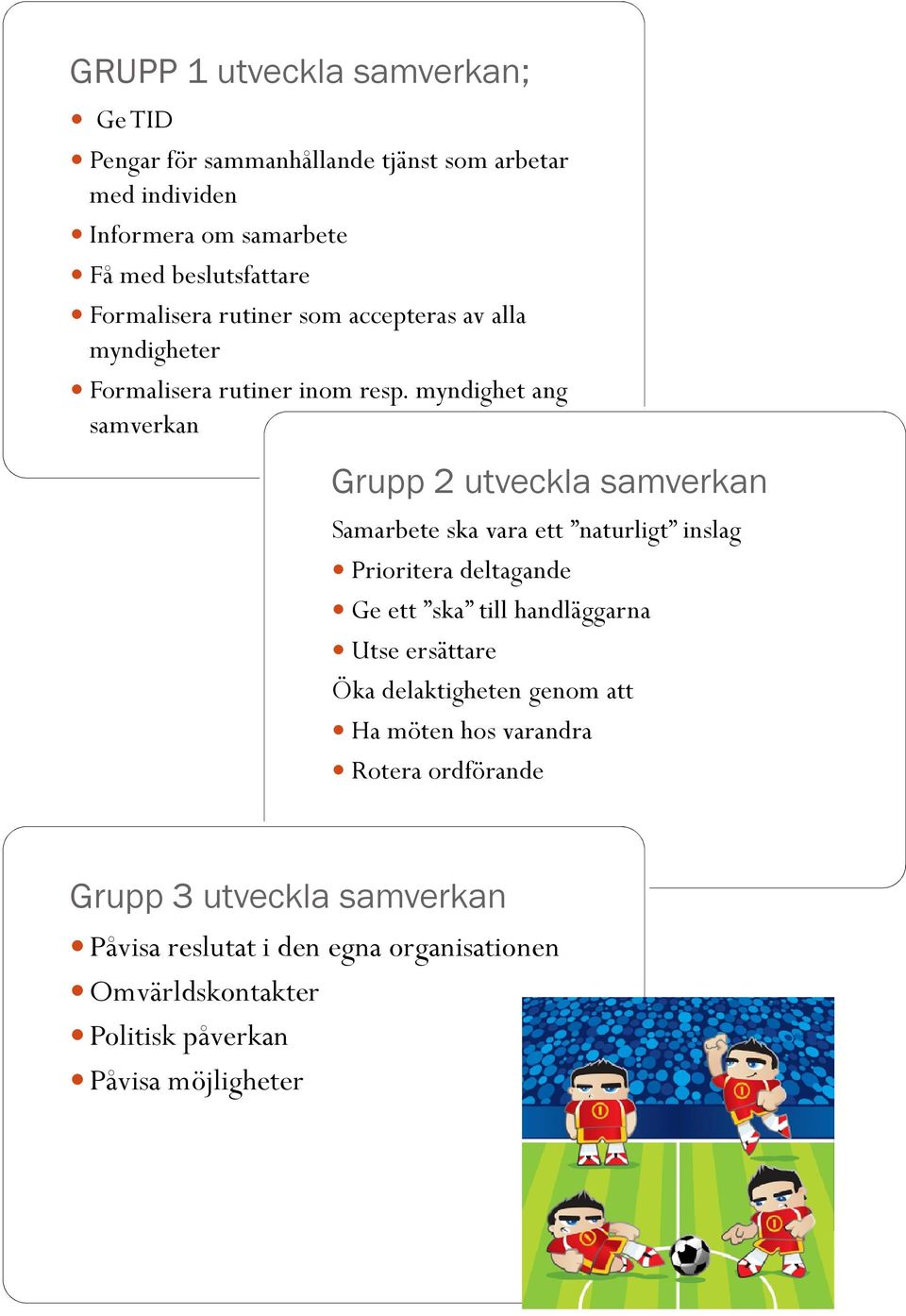 myndighet ang samverkan Grupp 2 utveckla samverkan Samarbete ska vara ett naturligt inslag Prioritera deltagande Ge ett ska till handläggarna