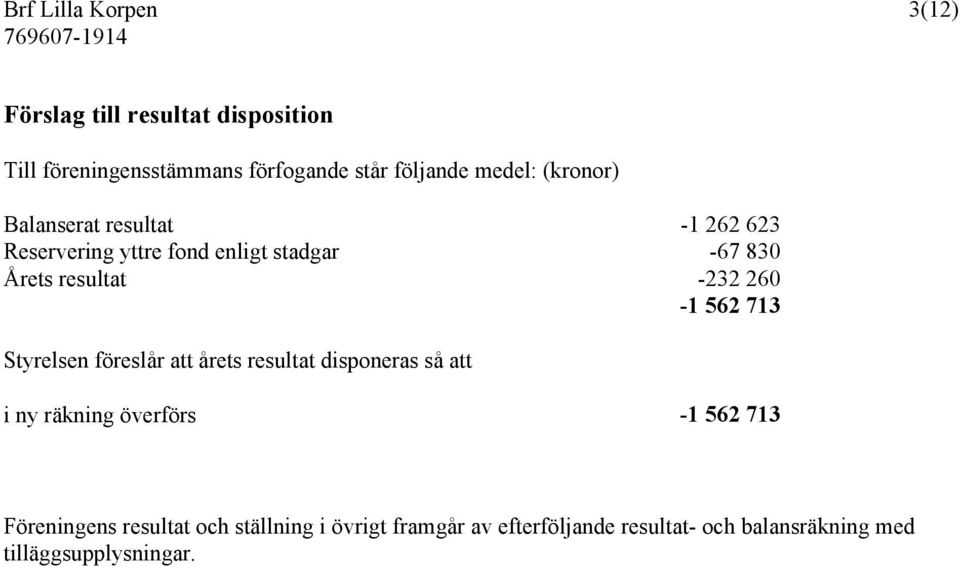 -232 260-1 562 713 Styrelsen föreslår att årets resultat disponeras så att i ny räkning överförs -1 562 713