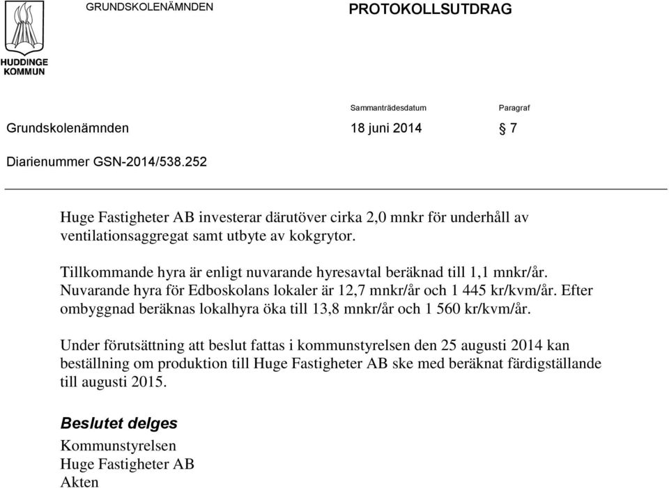 Tillkommande hyra är enligt nuvarande hyresavtal beräknad till 1,1 mnkr/år. Nuvarande hyra för Edboskolans lokaler är 12,7 mnkr/år och 1 445 kr/kvm/år.