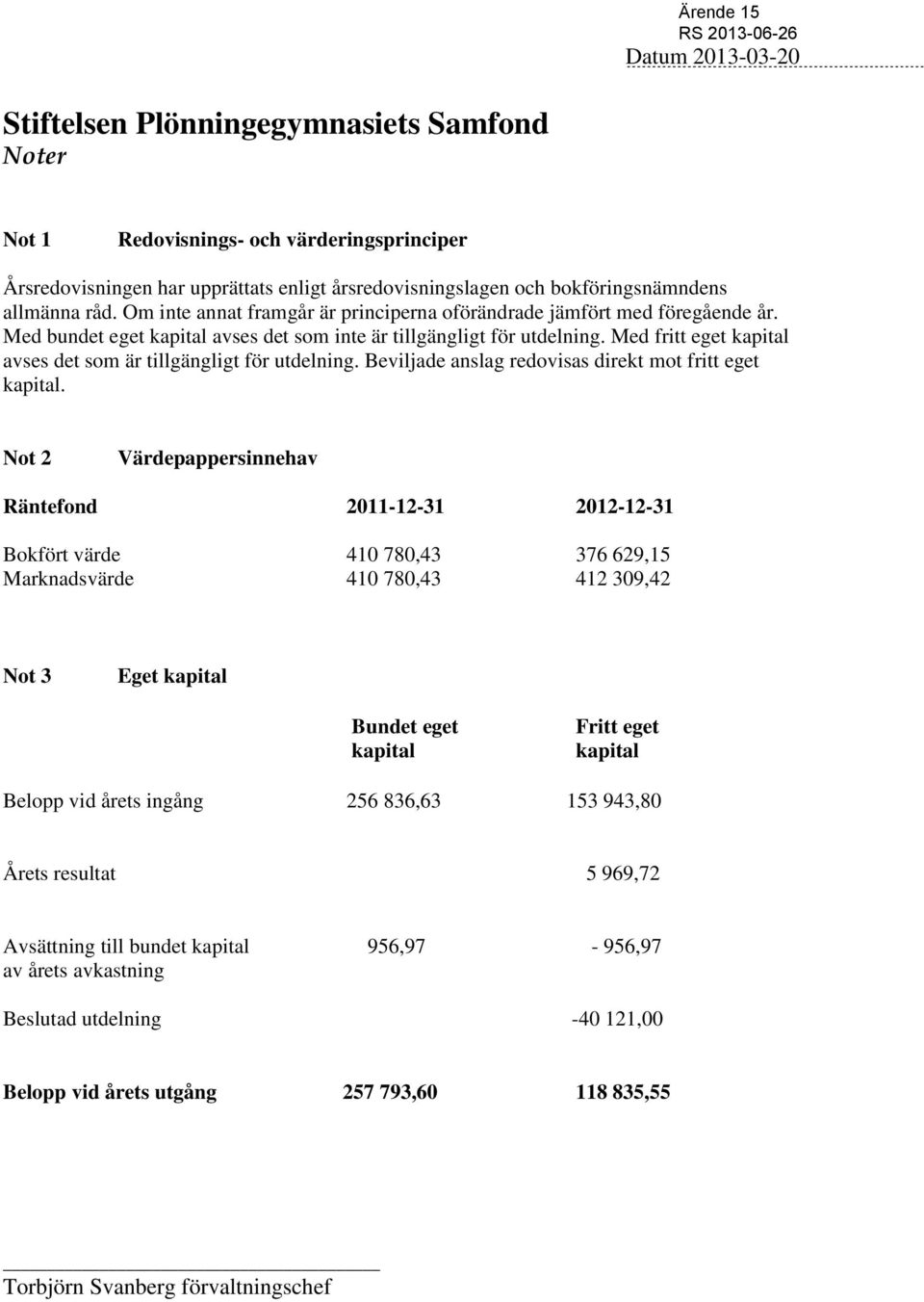 Med fritt eget kapital avses det som är tillgängligt för utdelning. Beviljade anslag redovisas direkt mot fritt eget kapital.