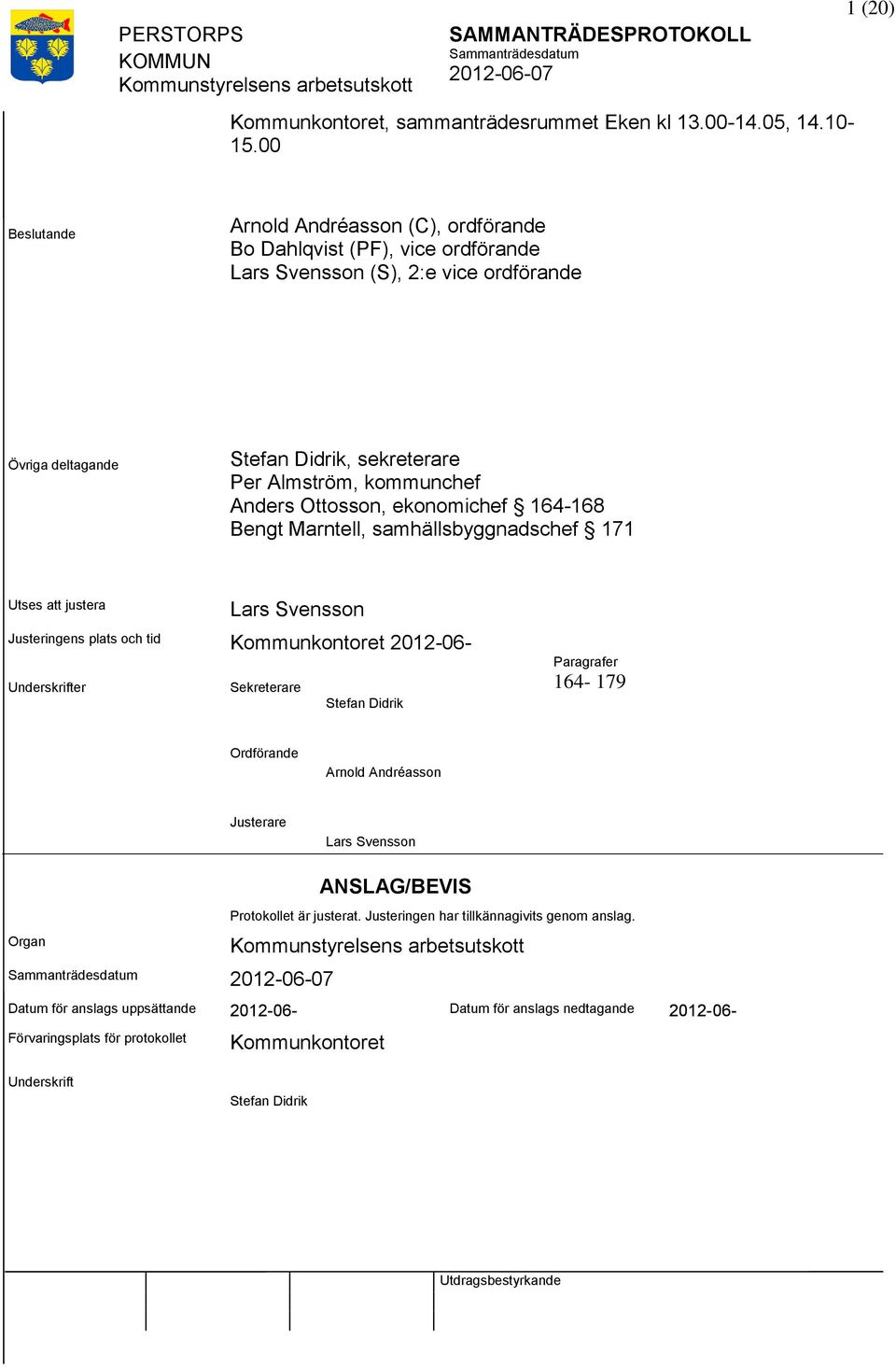 kommunchef Anders Ottosson, ekonomichef 164-168 Bengt Marntell, samhällsbyggnadschef 171 Utses justera Lars Svensson Justeringens plats och tid Kommunkontoret 2012-06- Underskrifter