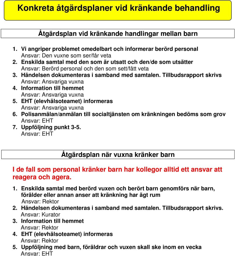 Enskilda samtal med den som är utsatt och den/de som utsätter Ansvar: Berörd personal och den som sett/fått veta 3. Händelsen dokumenteras i samband med samtalen. Tillbudsrapport skrivs 4.