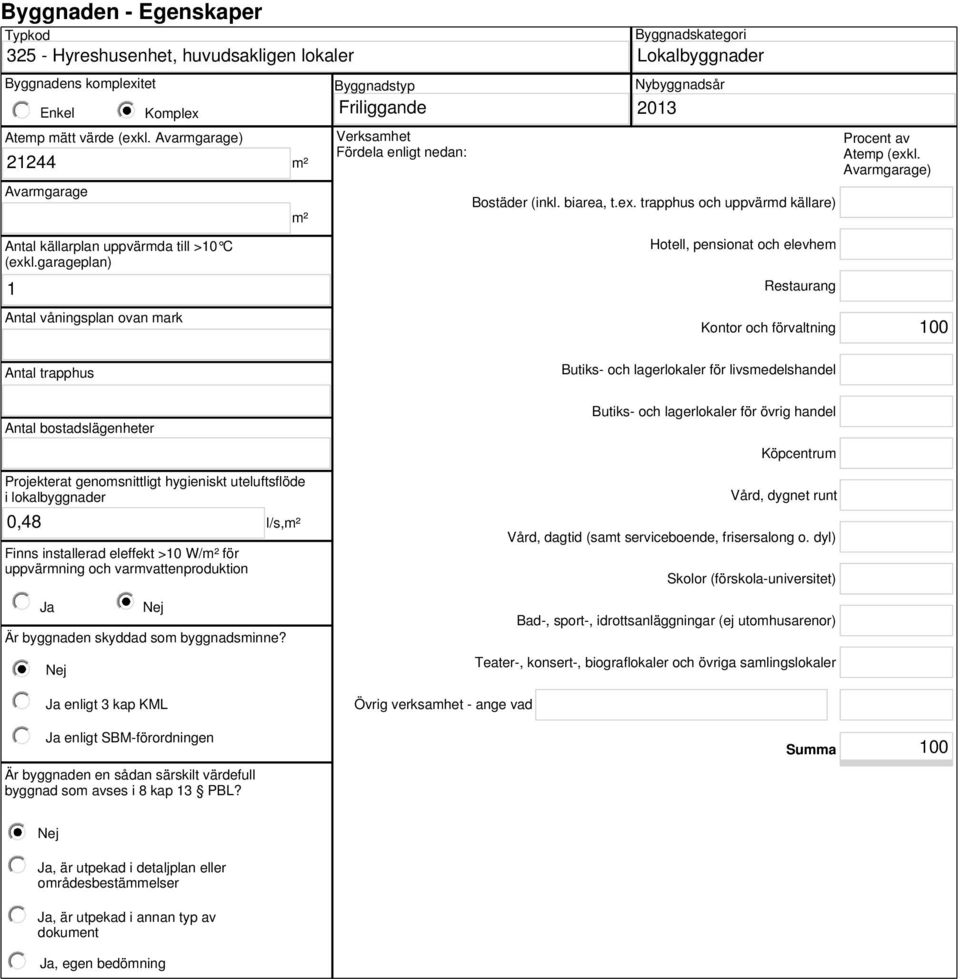 garageplan) 1 Antal våningsplan ovan mark Verksamhet Fördela enligt nedan: Byggnadskategori Lokalbyggnader Nybyggnadsår 2013 Bostäder (inkl. biarea, t.ex.