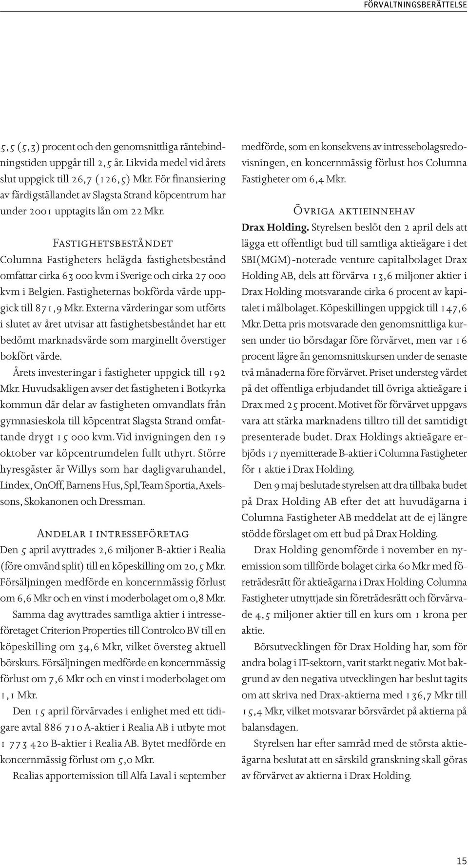Fastighetsbeståndet Columna Fastigheters helägda fastighetsbestånd omfattar cirka 63 000 kvm i Sverige och cirka 27 000 kvm i Belgien. Fastigheternas bokförda värde uppgick till 871,9 Mkr.