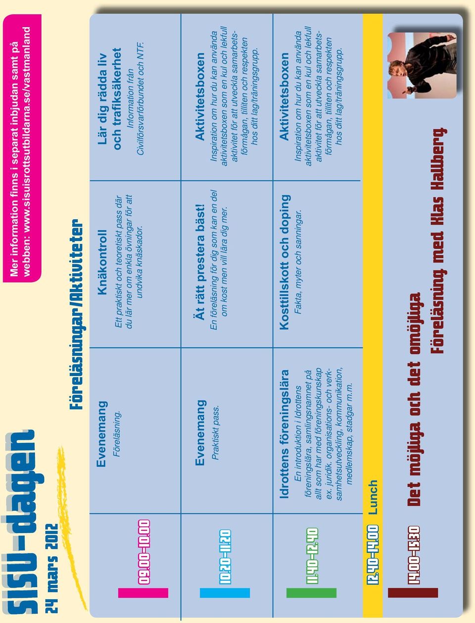Inspiration om hur du kan använda aktivitetsboxen som en kul och lekfull aktivitet för att utveckla samarbetsförmågan, tilliten och respekten hos ditt lag/träningsgrupp. 11.40-12.40 12.40-14.