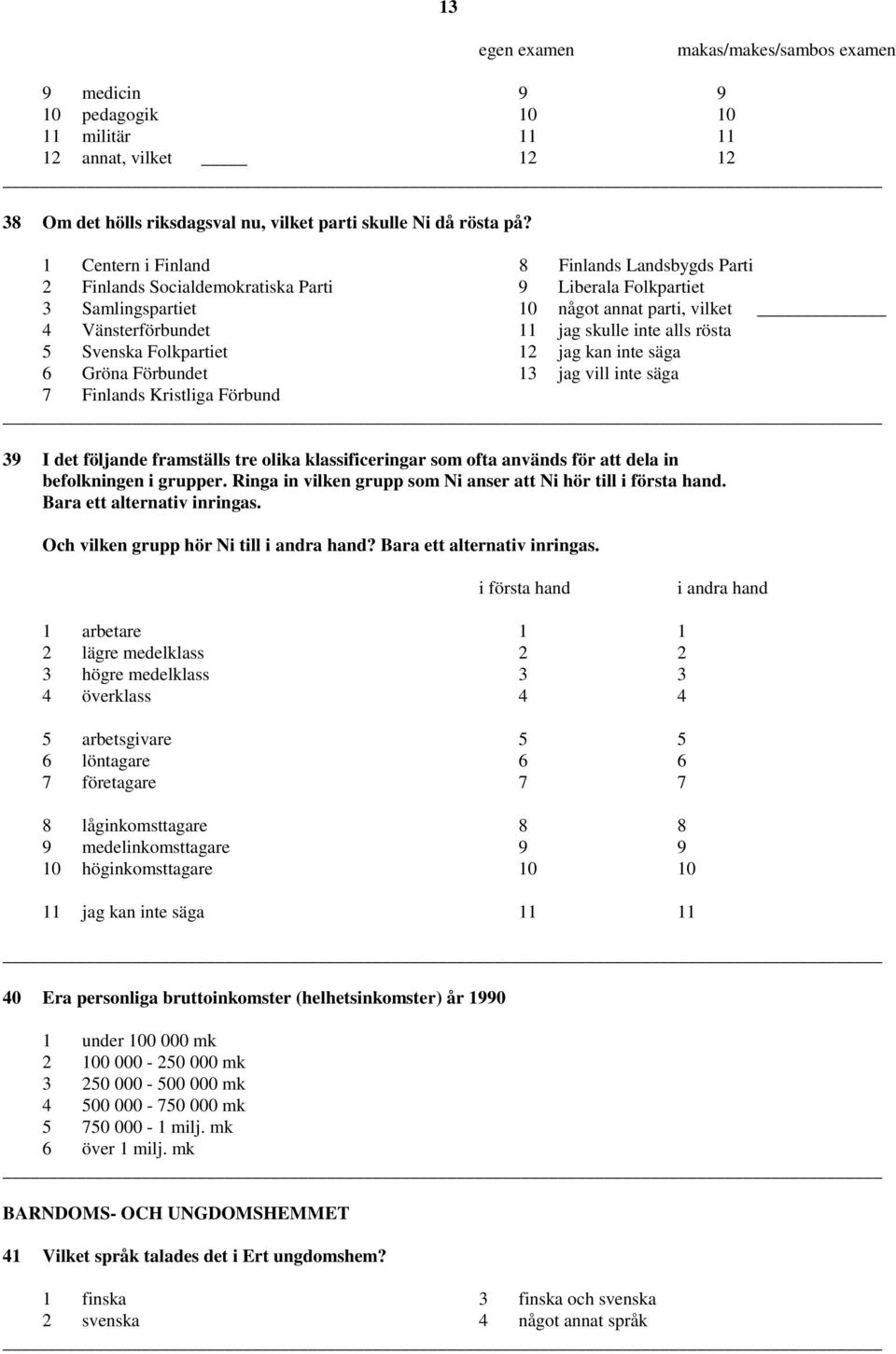 rösta 5 Svenska Folkpartiet 12 jag kan inte säga 6 Gröna Förbundet 13 jag vill inte säga 7 Finlands Kristliga Förbund 39 I det följande framställs tre olika klassificeringar som ofta används för att