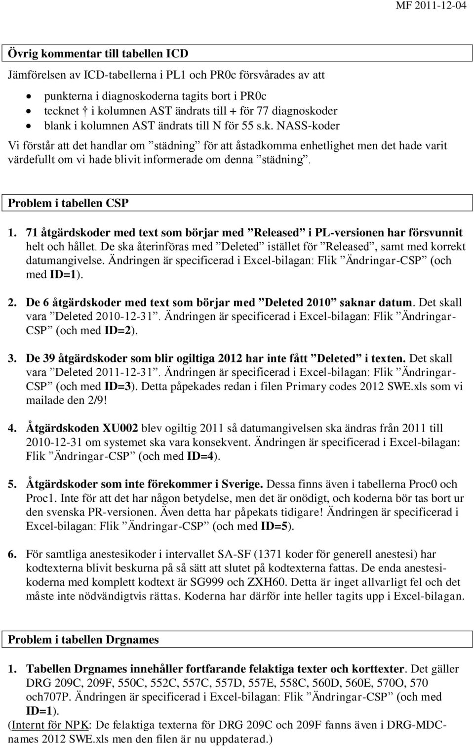 Problem i tabellen CSP 1. 71 åtgärdskoder med text som börjar med Released i PL-versionen har försvunnit helt och hållet.