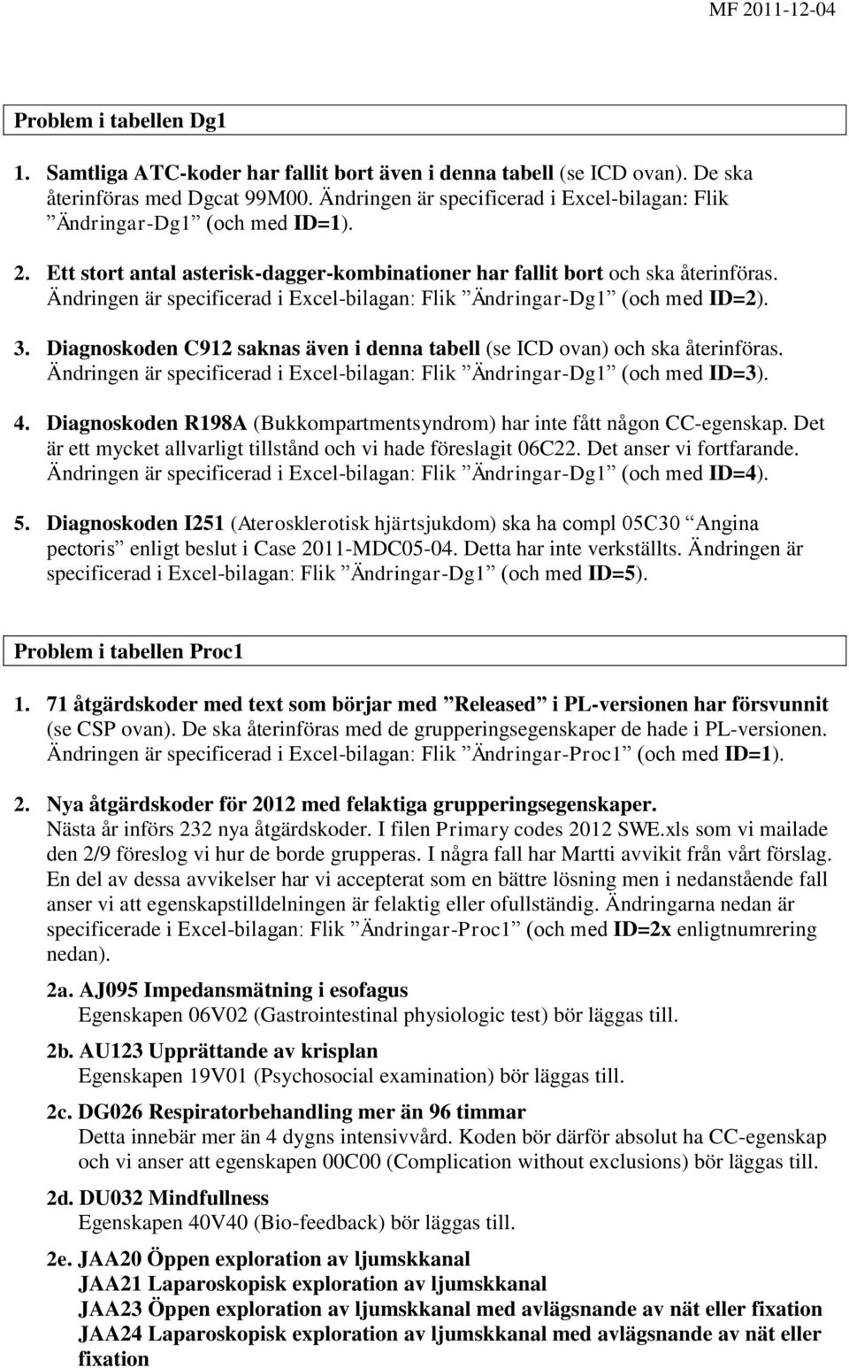 Ändringen är specificerad i Excel-bilagan: Flik Ändringar-Dg1 (och med ID=2). 3. Diagnoskoden C912 saknas även i denna tabell (se ICD ovan) och ska återinföras.