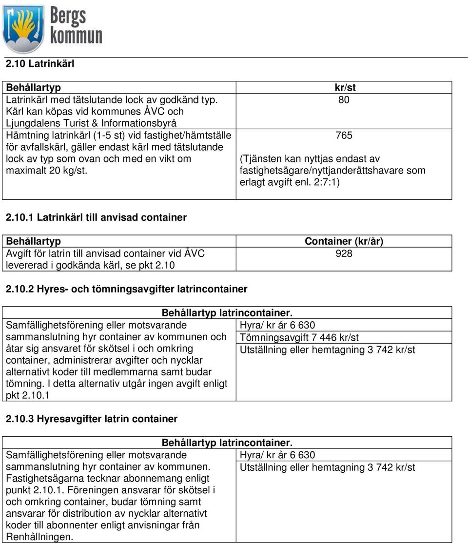ovan och med en vikt om maximalt 20 kg/st. kr/st 80 765 (Tjänsten kan nyttjas endast av fastighetsägare/nyttjanderättshavare som erlagt avgift enl. 2:7:1) 2.10.