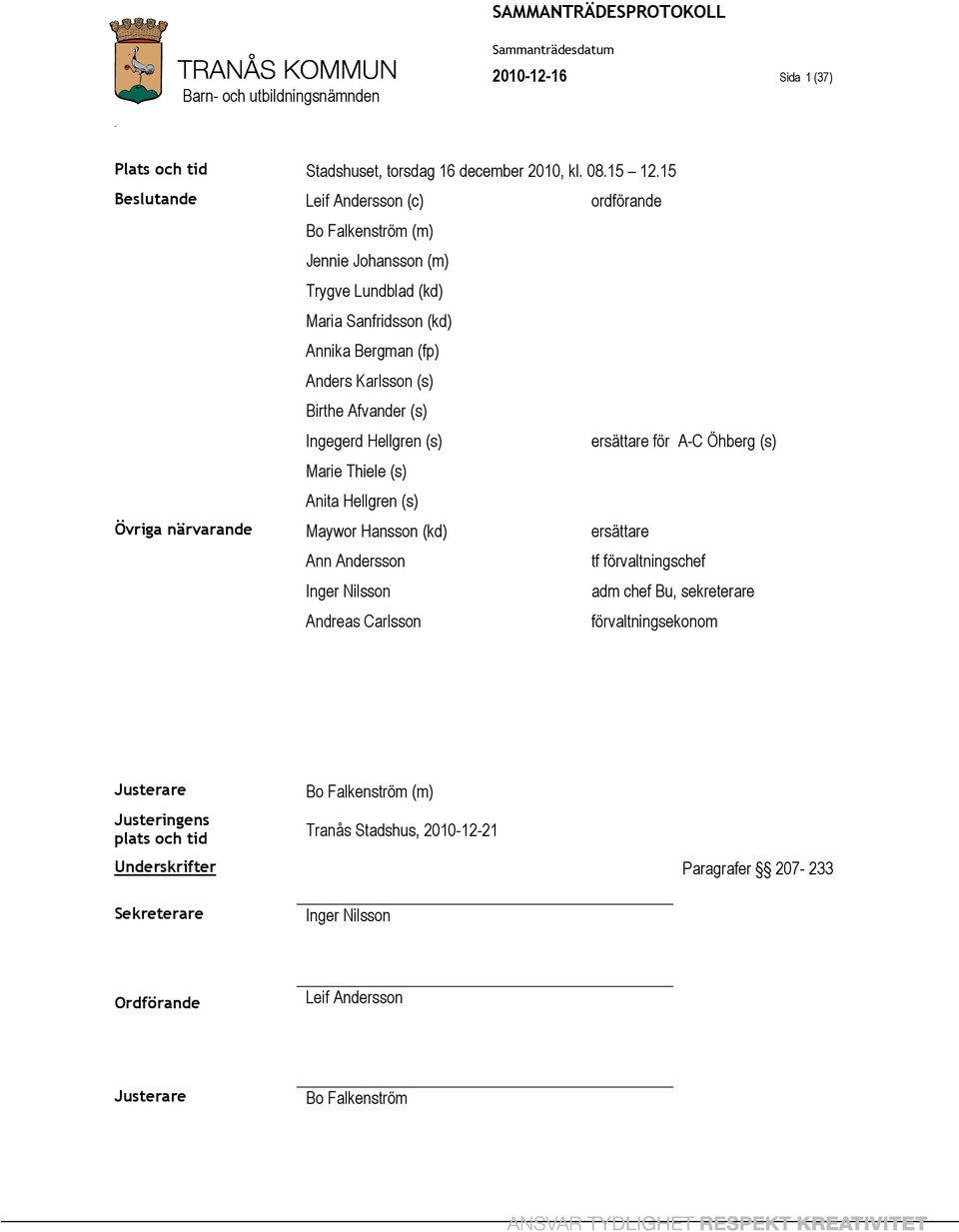 Avander (s) Ingegerd Hellgren (s) ersättare ör A-C Öhberg (s) Marie Thiele (s) Anita Hellgren (s) Övriga närvarande Maywor Hansson (kd) ersättare Ann Andersson t