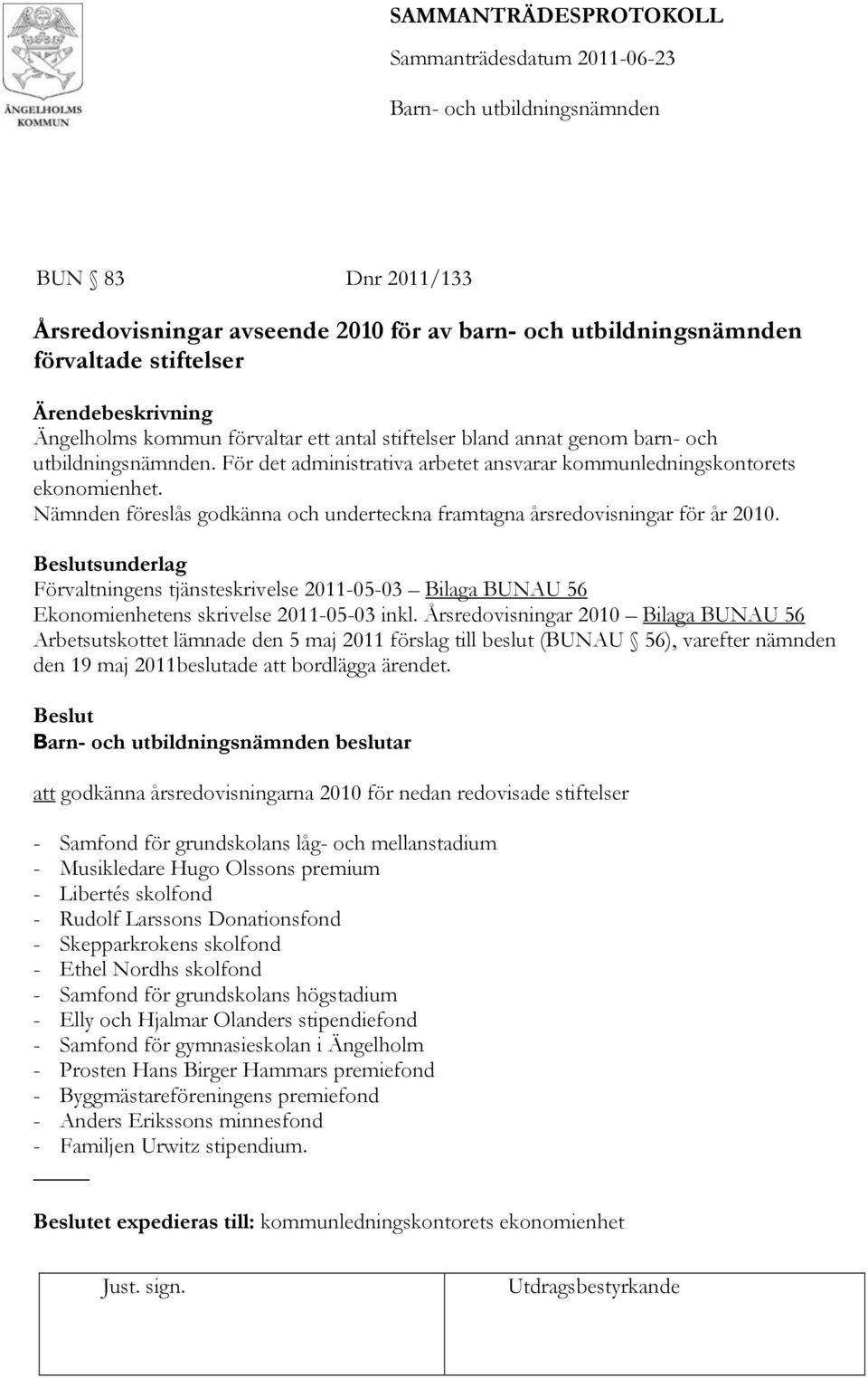 Beslutsunderlag Förvaltningens tjänsteskrivelse 2011-05-03 Bilaga BUNAU 56 Ekonomienhetens skrivelse 2011-05-03 inkl.