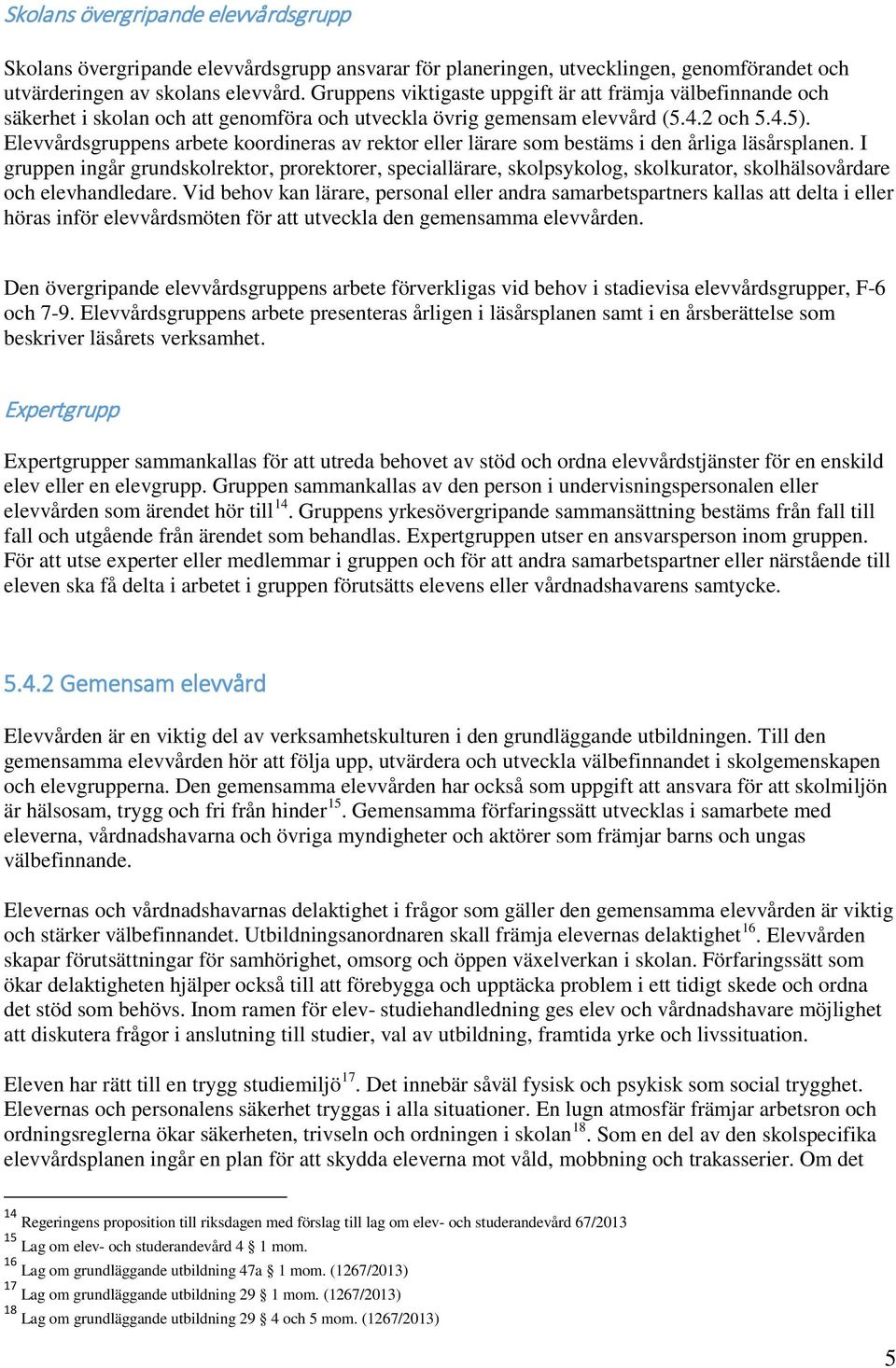 Elevvårdsgruppens arbete koordineras av rektor eller lärare som bestäms i den årliga läsårsplanen.