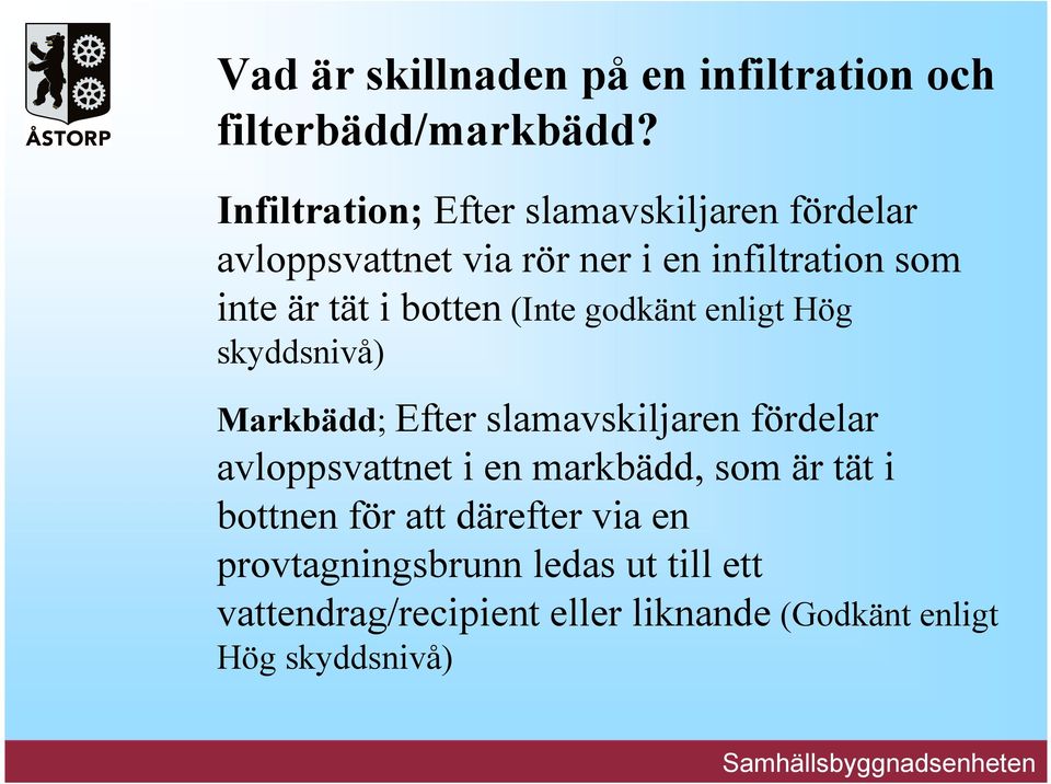 botten (Inte godkänt enligt Hög skyddsnivå) Markbädd; Efter slamavskiljaren fördelar avloppsvattnet i en