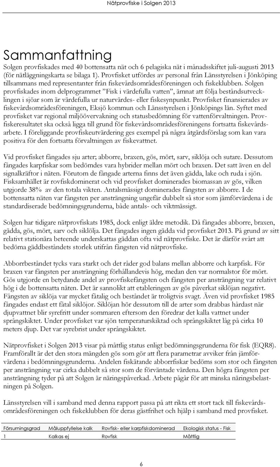 Solgen provfiskades inom delprogrammet Fisk i värdefulla vatten, ämnat att följa beståndsutvecklingen i sjöar som är värdefulla ur naturvärdes- eller fiskesynpunkt.