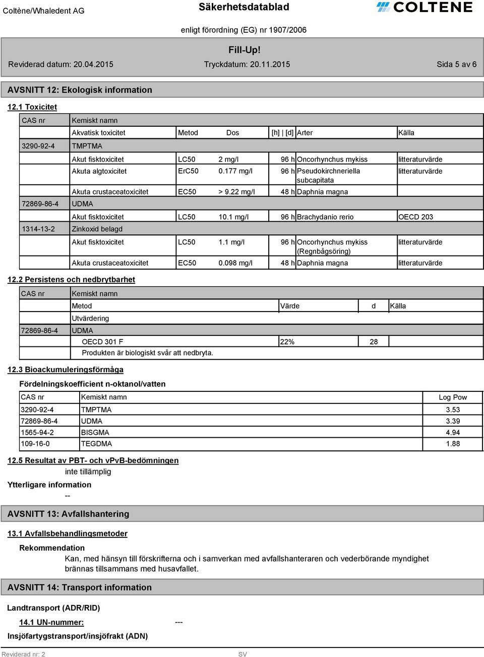 177 mg/l 96 h Pseudokirchneriella subcapitata Akuta crustaceatoxicitet UDMA EC50 > 9.22 mg/l 48 h Daphnia magna Akut fisktoxicitet LC50 10.