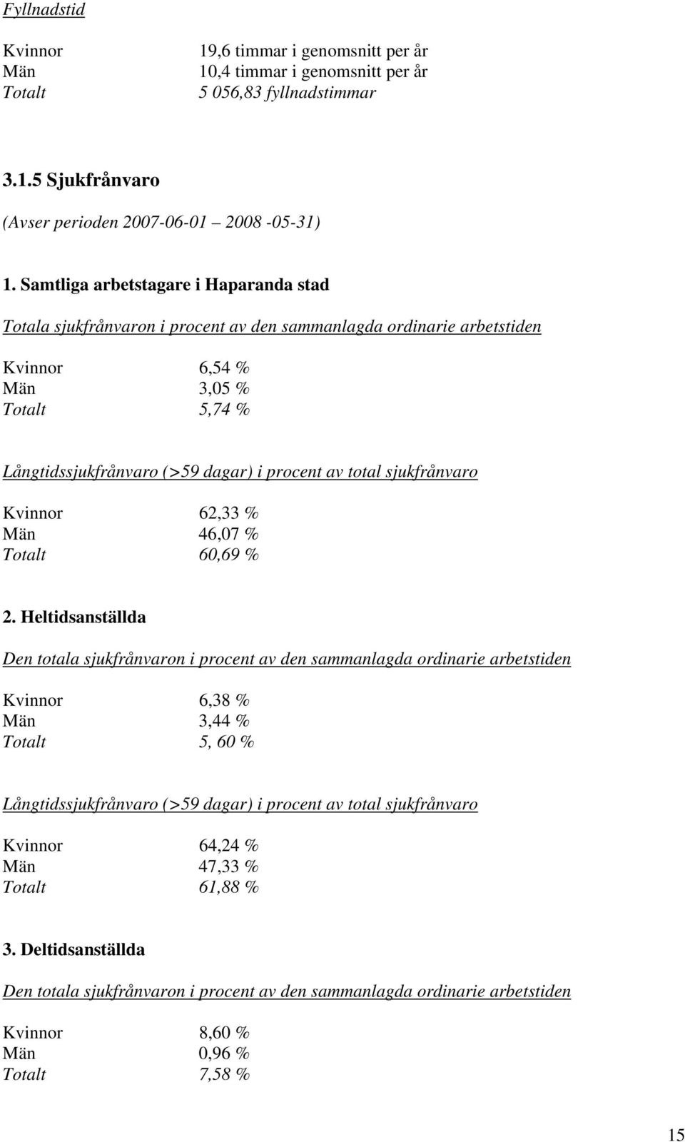 total sjukfrånvaro Kvinnor 62,33 % Män 46,07 % Totalt 60,69 % 2.