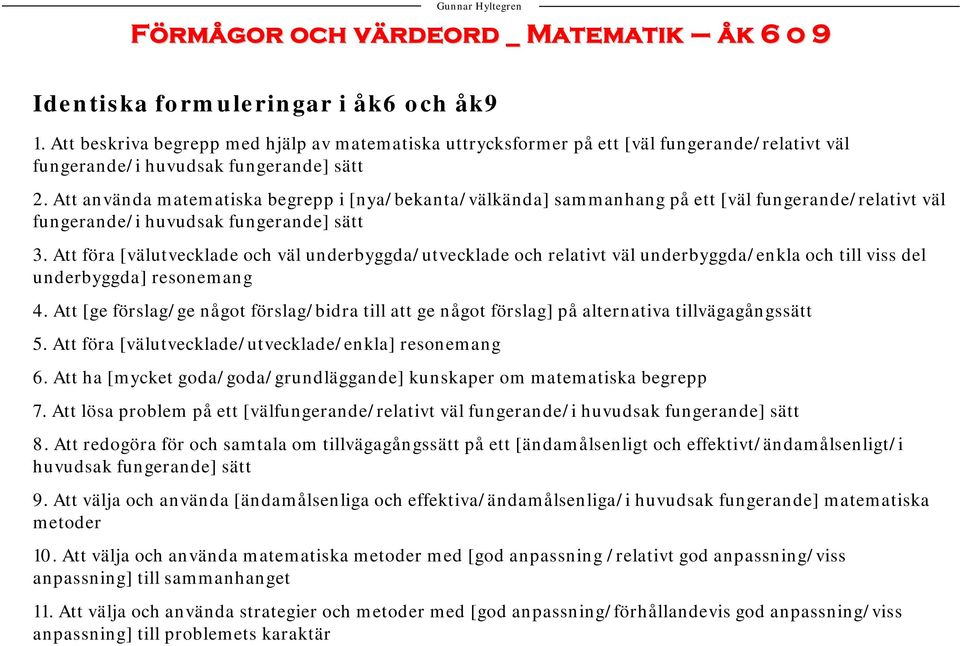 Att föra [välutvecklade och väl underbyggda/utvecklade och relativt väl underbyggda/enkla och till viss del underbyggda] resonemang.