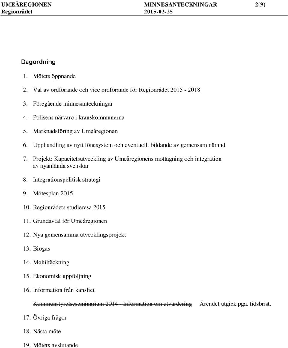Projekt: Kapacitetsutveckling av Umeåregionens mottagning och integration av nyanlända svenskar 8. Integrationspolitisk strategi 9. Mötesplan 2015 10. Regionrådets studieresa 2015 11.