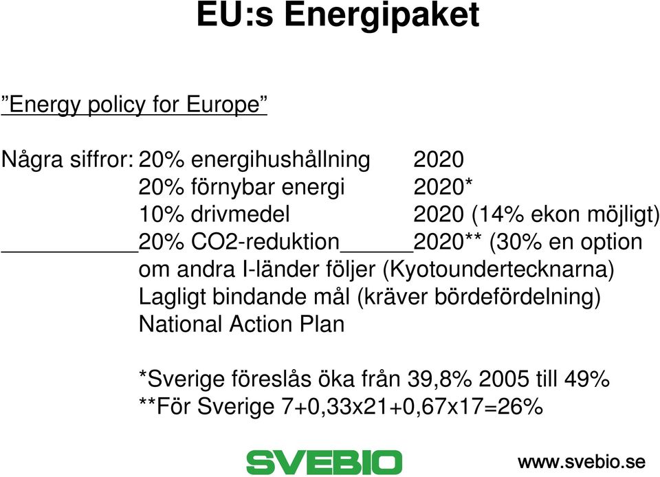 energi 2020* 10% drivmedel 2020 (14% ekon möjligt) 20% CO2-reduktion 2020** (30% en option om andra