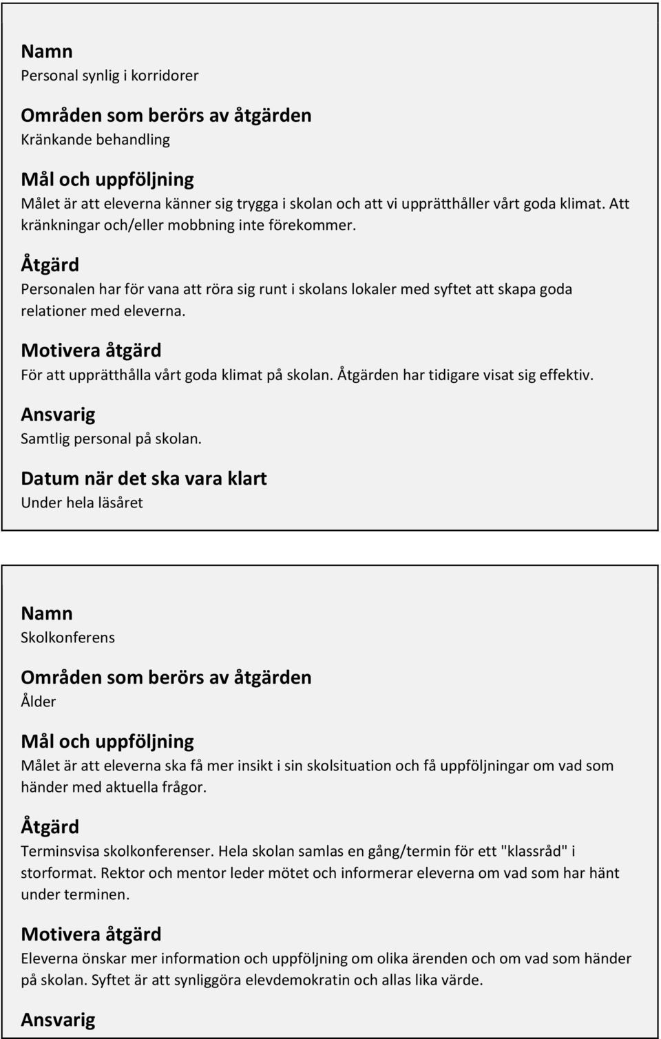 Motivera åtgärd För att upprätthålla vårt goda klimat på skolan. Åtgärden har tidigare visat sig effektiv. Samtlig personal på skolan.