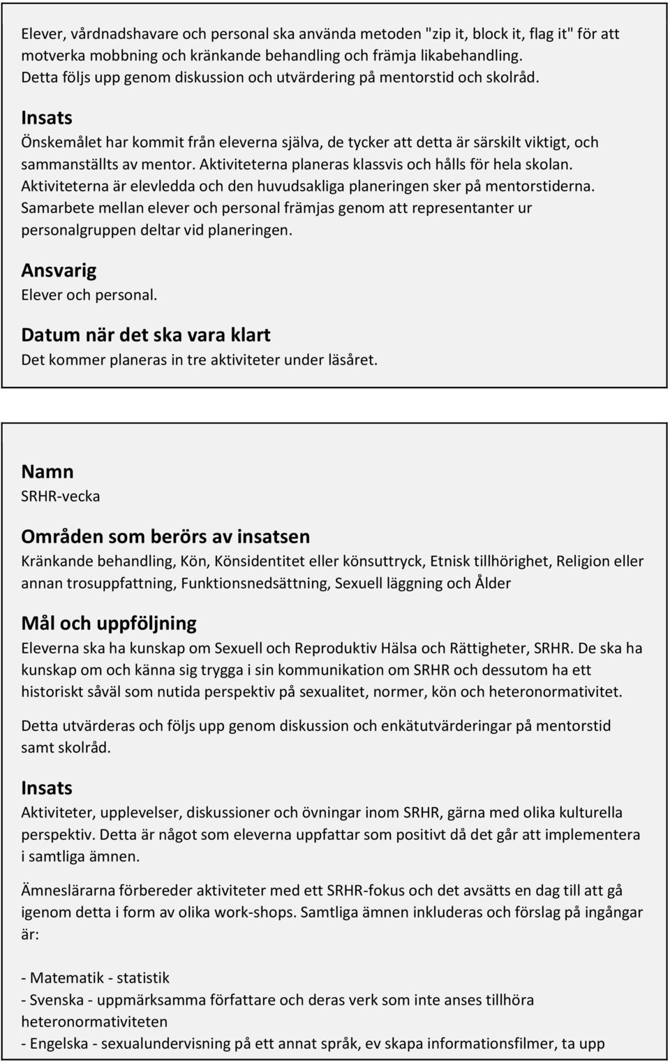 Aktiviteterna planeras klassvis och hålls för hela skolan. Aktiviteterna är elevledda och den huvudsakliga planeringen sker på mentorstiderna.