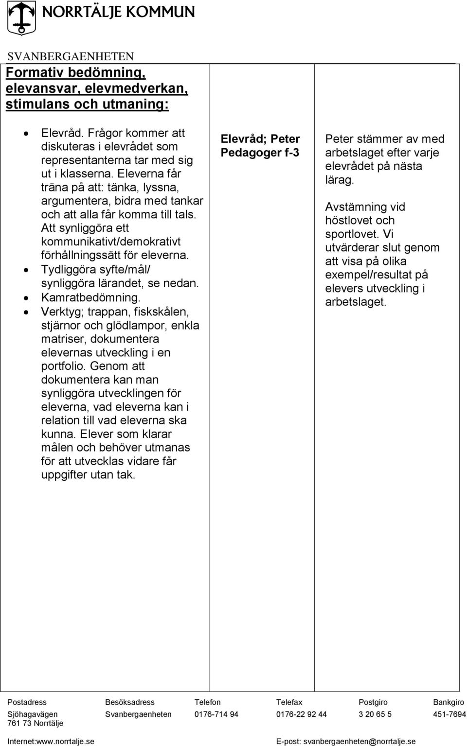 Tydliggöra syfte/mål/ synliggöra lärandet, se nedan. Kamratbedömning. Verktyg; trappan, fiskskålen, stjärnor och glödlampor, enkla matriser, dokumentera elevernas utveckling i en portfolio.