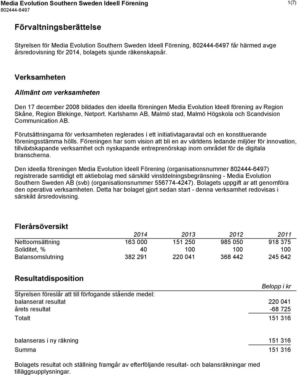 Karlshamn AB, Malmö stad, Malmö Högskola och Scandvision Communication AB. Förutsättningarna för verksamheten reglerades i ett initiativtagaravtal och en konstituerande föreningsstämma hölls.