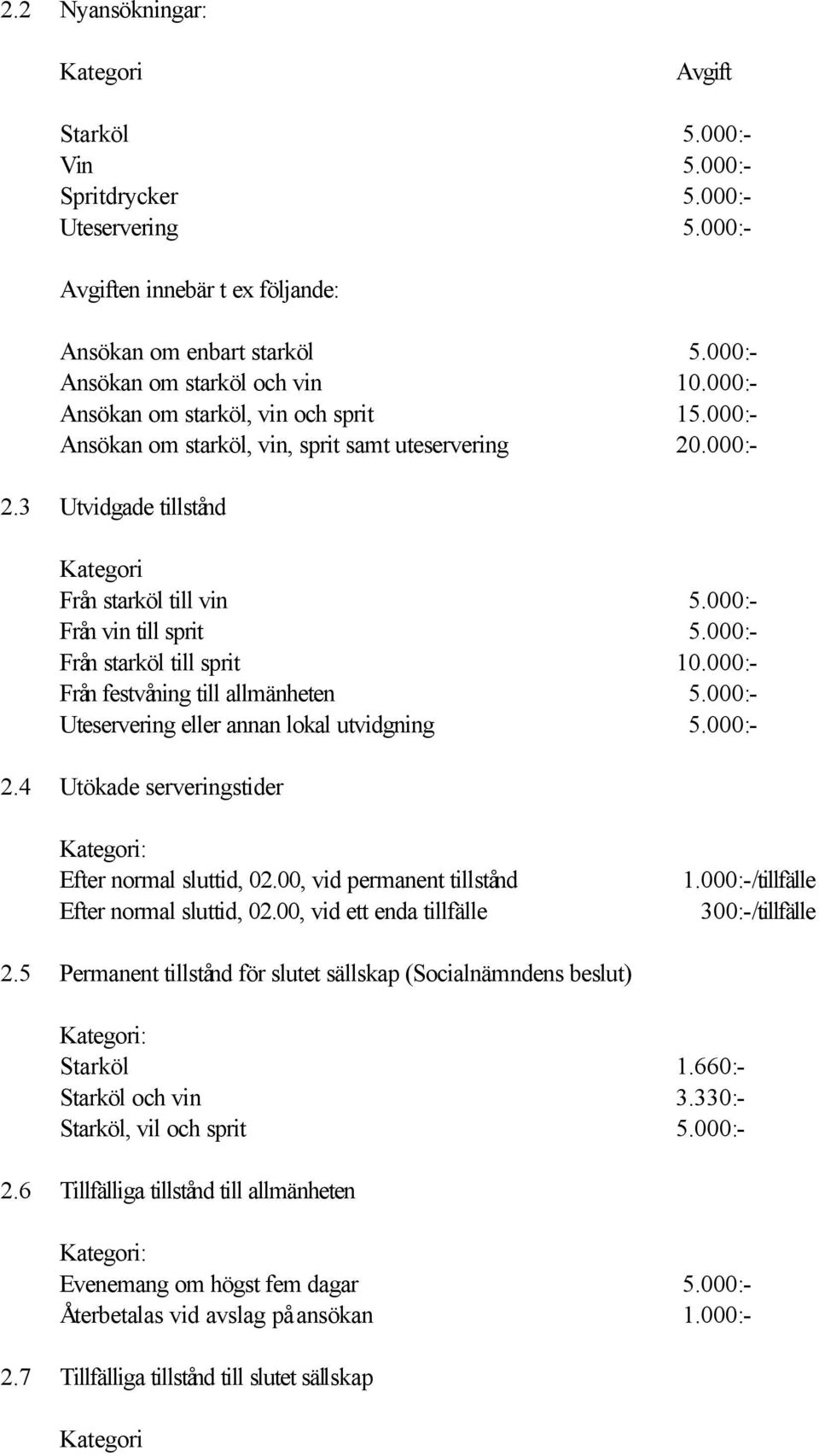 000:- Från starköl till sprit 10.000:- Från festvåning till allmänheten 5.000:- Uteservering eller annan lokal utvidgning 5.000:- 2.4 Utökade serveringstider : Efter normal sluttid, 02.