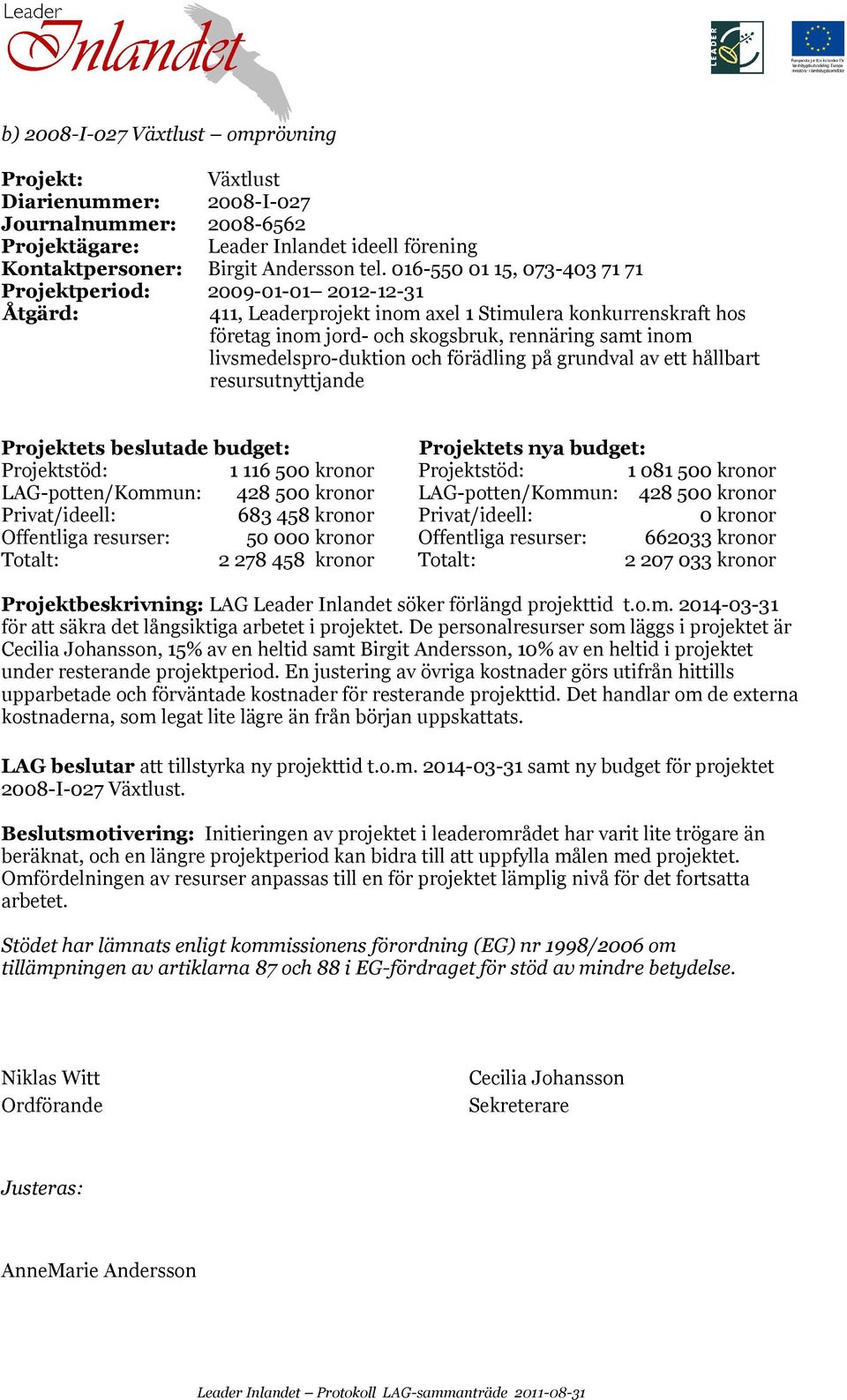 livsmedelspro-duktion och förädling på grundval av ett hållbart resursutnyttjande Projektets beslutade budget: Projektets nya budget: Projektstöd: 1 116 500 kronor Projektstöd: 1 081 500 kronor