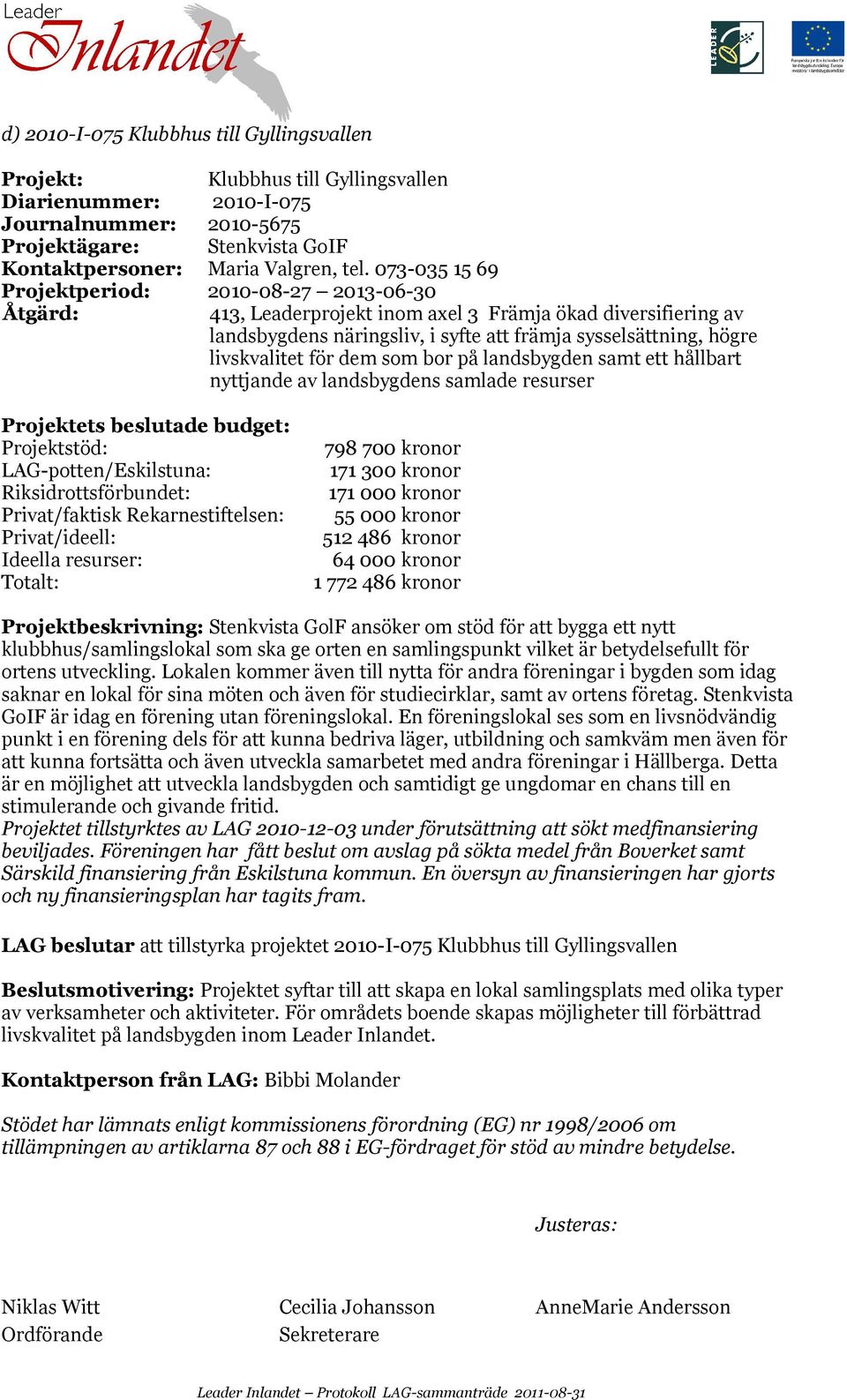 för dem som bor på landsbygden samt ett hållbart nyttjande av landsbygdens samlade resurser Projektets beslutade budget: Projektstöd: 798 700 kronor LAG-potten/Eskilstuna: 171 300 kronor