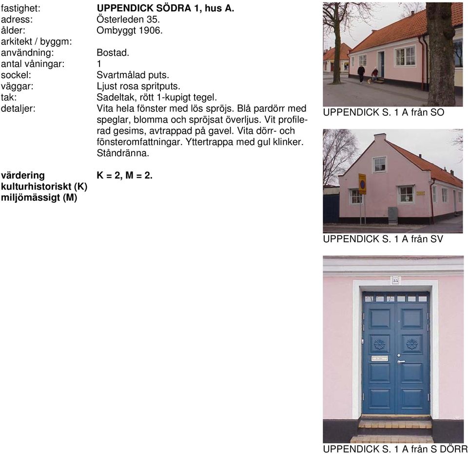 Blå pardörr med speglar, blomma och spröjsat överljus. Vit profilerad gesims, avtrappad på gavel.