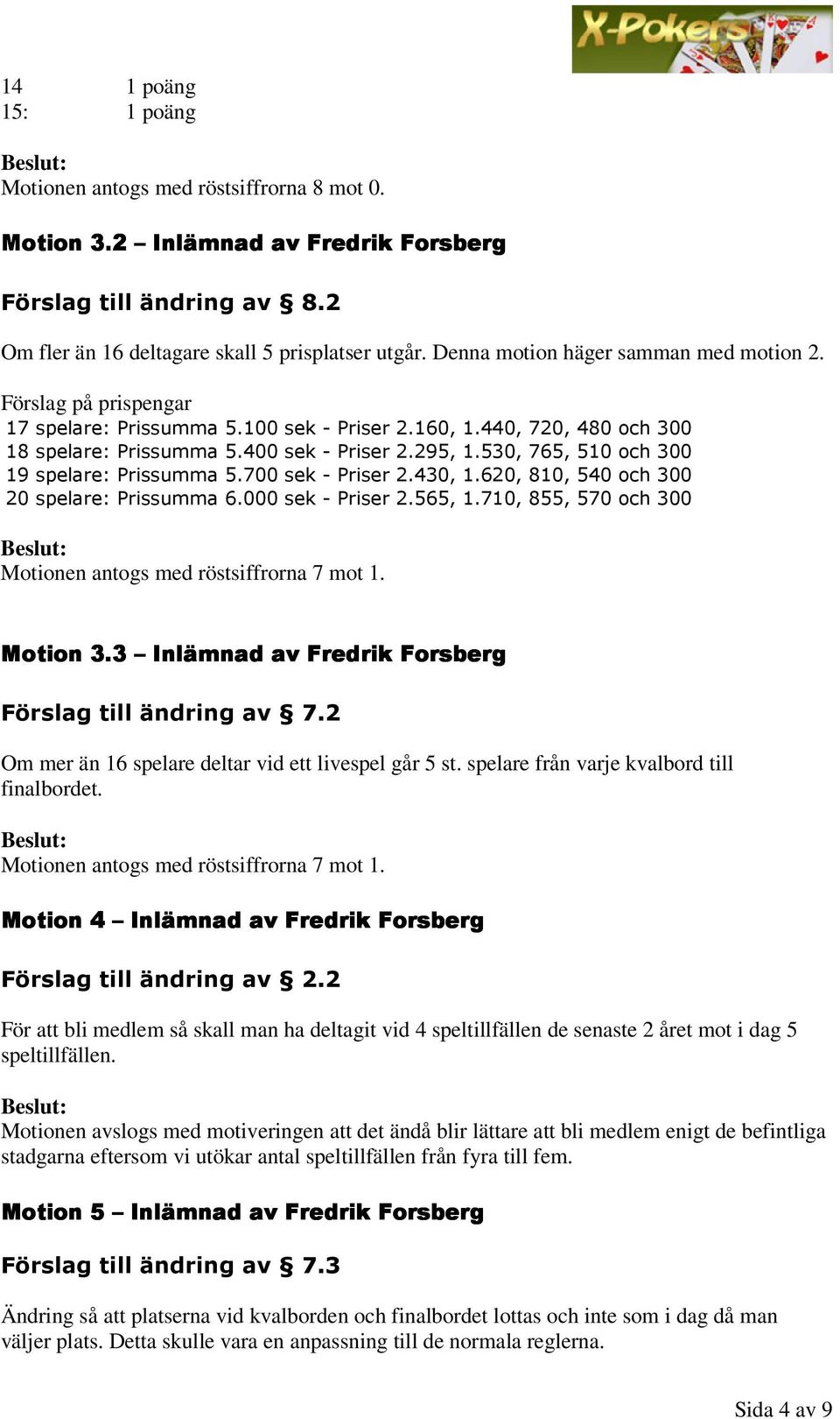 530, 765, 510 och 300 19 spelare: Prissumma 5.700 sek - Priser 2.430, 1.620, 810, 540 och 300 20 spelare: Prissumma 6.000 sek - Priser 2.565, 1.